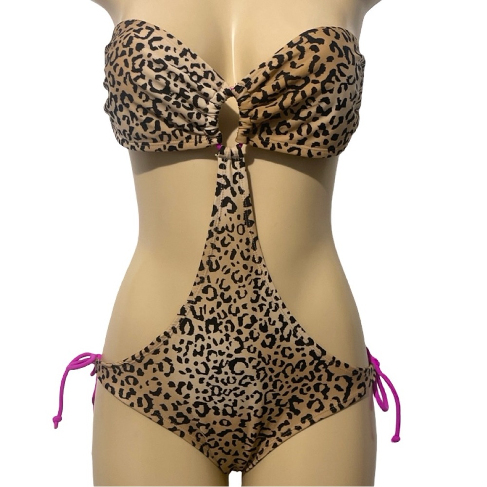 Leopard Animal Print Strapless One Piece Side Cutout Beige Adjustable Swimsuit